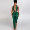 Fall European American Style Solid Color Sexy Sleeveless Halter Backless Tight Jumpsuit