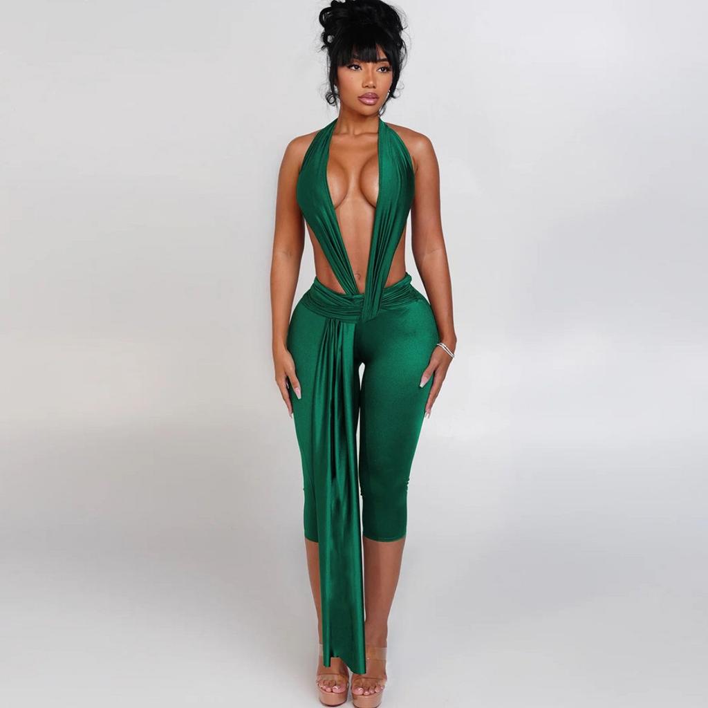 Fall European American Style Solid Color Sexy Sleeveless Halter Backless Tight Jumpsuit