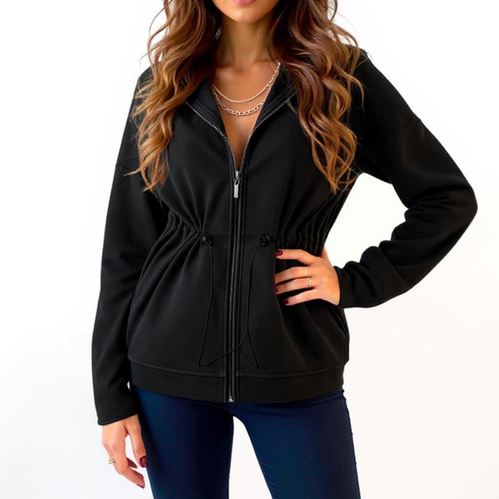 Women's Solid Color Fashionable Long Sleeved Hooded Zipper Casual Jacket