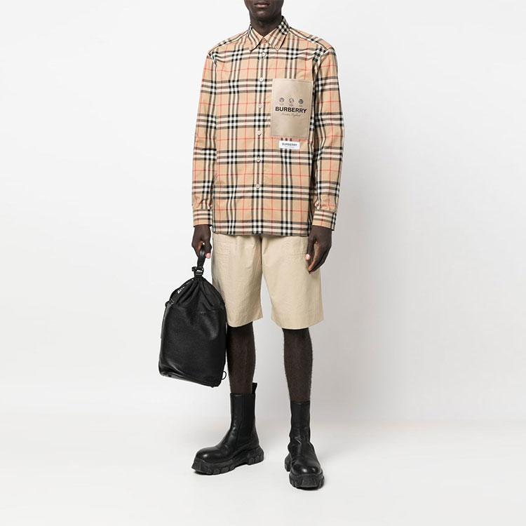 Burberry Men Label Applique Check Cotton Poplin Shirt Archive Beige 80574611