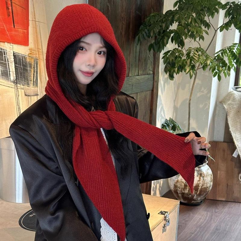 Autumn Winter Women Knitted Hat Scarf Set Ins Style Balaclava Beanie Windproof Warm Plush Hood Outdoor Cycling Christmas Gift