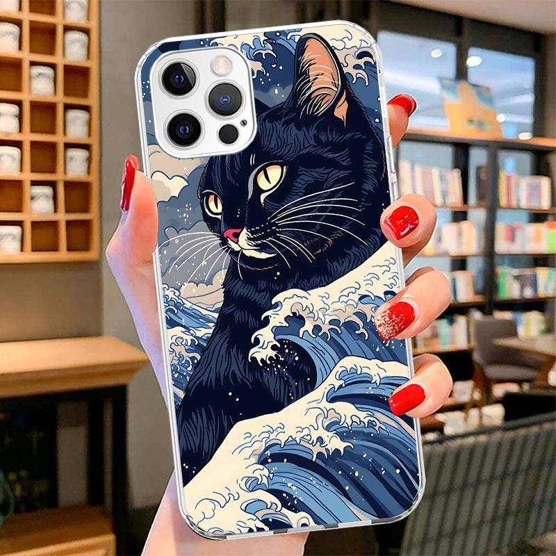 Anime Cat Sea Wave Aesthetic Cover Phone Case For iPhone 16 17 Air 15 14 Pro Max 16E Phone Case 13 Mini 12 11 7 SE 8 Print Patte