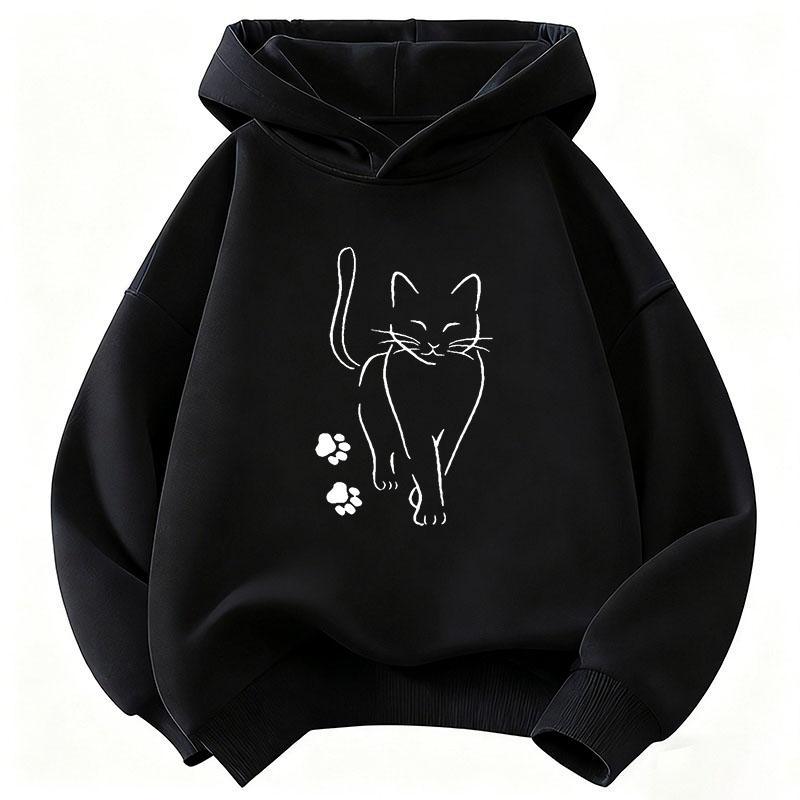 Fashion Children Hoodie, Elegant Line Drawing Cat With Paw Print Decor Pattern Pullover Sweatshirt, Fall Winter Casual Sport Long Sleeve Top