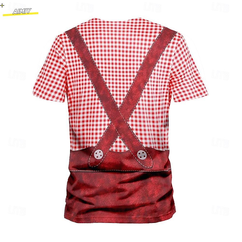 Men's 3D Printed T-shirt, Round Neck Short Sleeved Shirt, Carnival Party, Beer Festival, Checkered Clothing for Summer and Spring