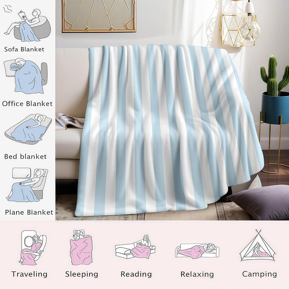 Light Blue and White Vertical Stripes Flannel Blanket Warm Soft Halloween Christmas Couch Warm Cozy Decorative for All Season