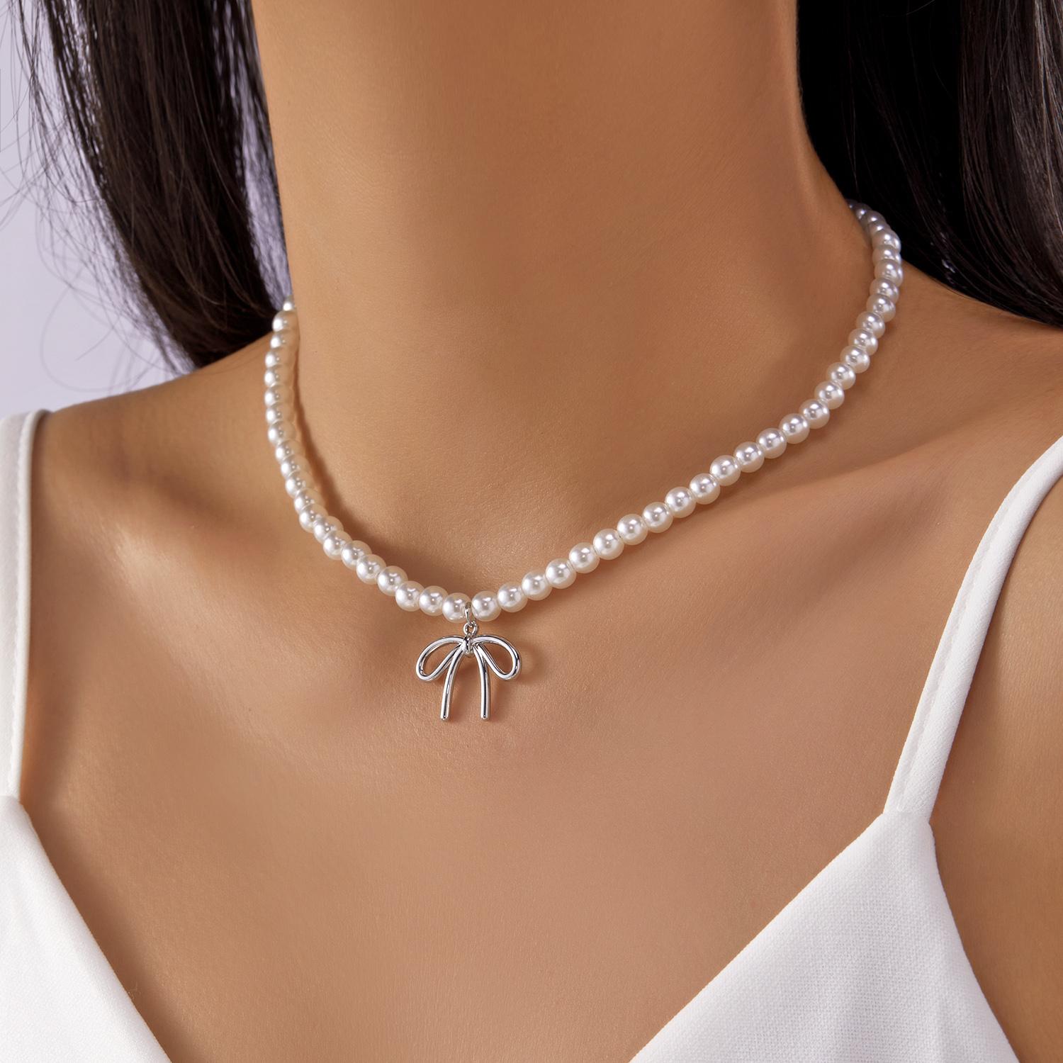 

Elegant Fashion Bowknot Pearl Choker Necklace for Women Girl Cute Romantic Handmade Colorful Beads Collarbone Chain Jewelry Gift
