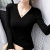 V-neck Long-sleeved Sweater Knit Sweater  Slim Slimming Side Button with Solid Color Bottoming Top Sweater