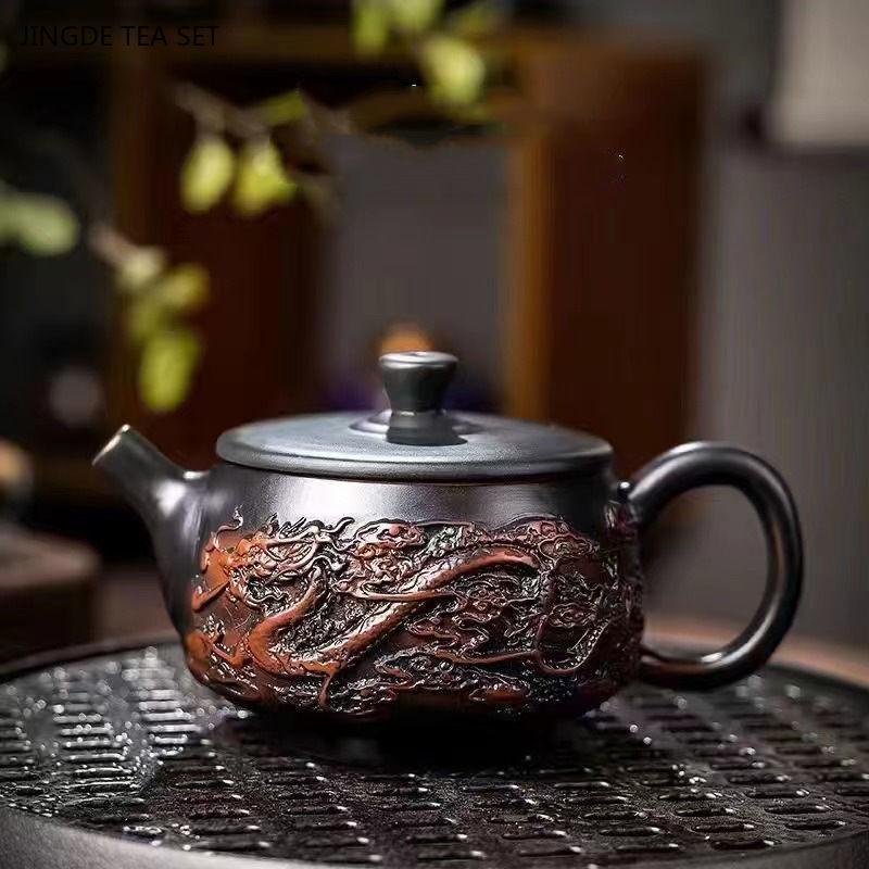 1 PCS Purple Ceramic Relief Single Dragon Phoenix Stone Scoop Pot Ball Hole Filter Large Capacity Purple Mud Retro Teapot