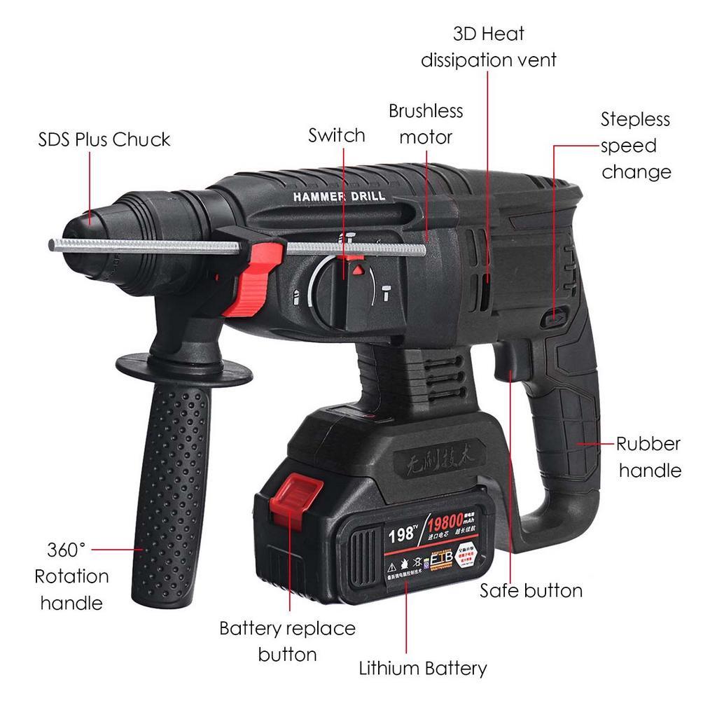 50-60Hz Brushless Electric Rotary Hammer 19800mAh Rechargeable Multifunction Electric Hammer Impact Power Drill Tool with Battery