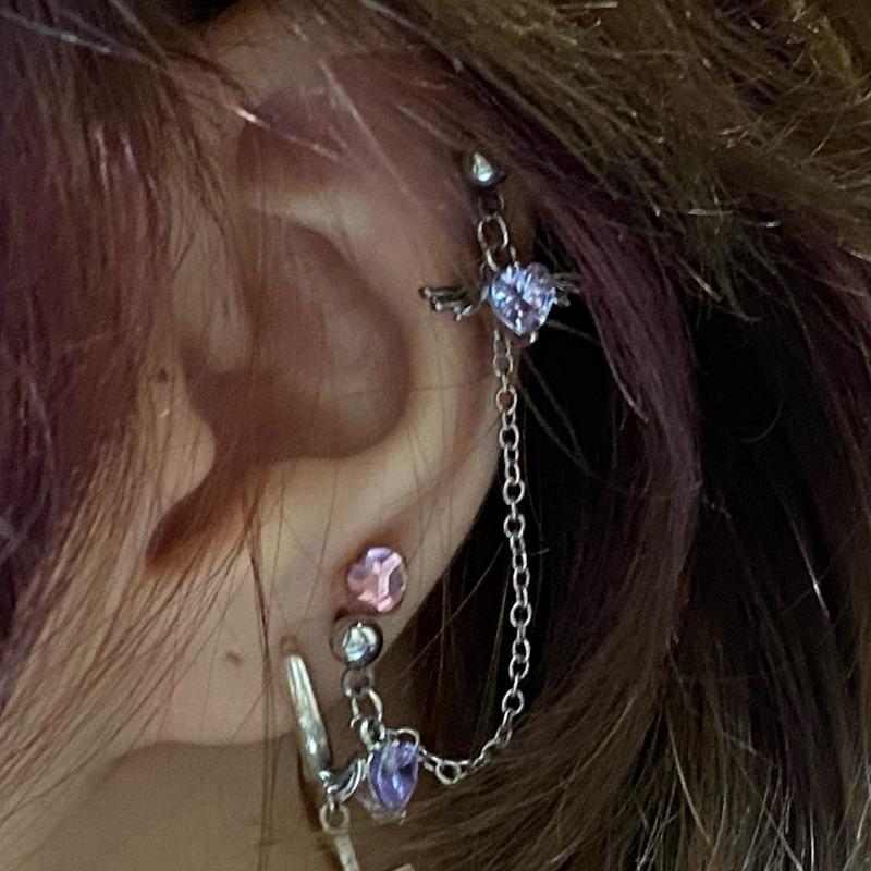 2 In 1 Angel Heart Wing Earrings Pendant Tassel One-piece Earring Helix Double Piercing Earring Chain Cartilage Dangle Earrings