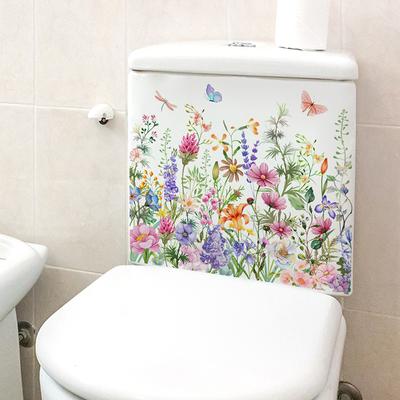 1 pieza de pegatinas de pared con diseño de plantas verdes, flores y mariposas, para baño, inodoro, sala de estar, armario, decoración del hogar, autoadhesivas.