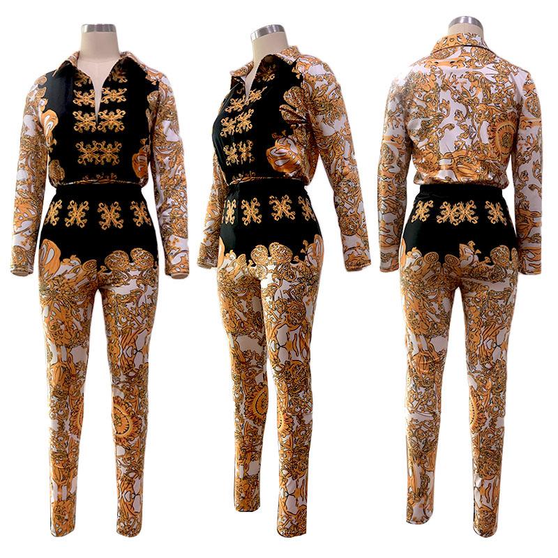 2022 Casual European & American Fashion Print Long-Sleeve Sexy Two-Piece Women's Set