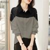 ZANZEA Women Casual Turn Down Collar Long Sleeve Patchwork Blouse
