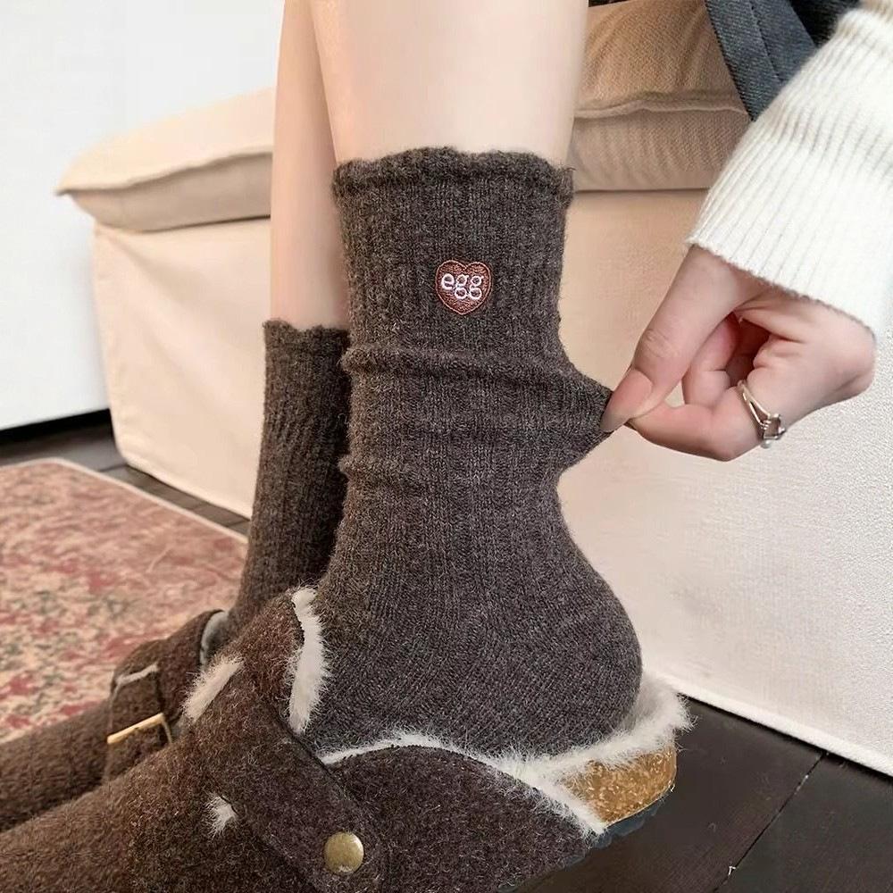 Korean Version Of Love Embroidered Lace Wool Socks Children Autumn And Winter Thickened Warm Boneless Soft Waxy Stacking Socks Versatile Cotton Socks