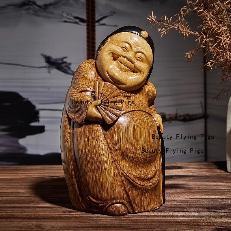 1pc Chinese Landlord's Ornament Wooden Carved Figurine Ornaments Home Decoration Wooden Carving Crafts Feng Shui Sculptures