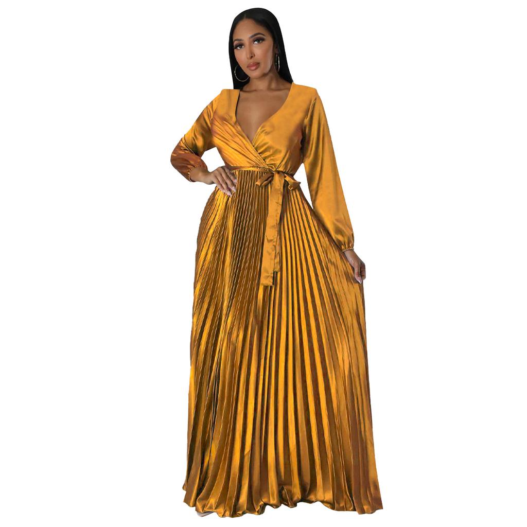 Autumn Winter New Women's V-Neck Lantern Sleeve Tie-Waist Pleated Dress Long Satin Gown Pleated Dress Long Skirt