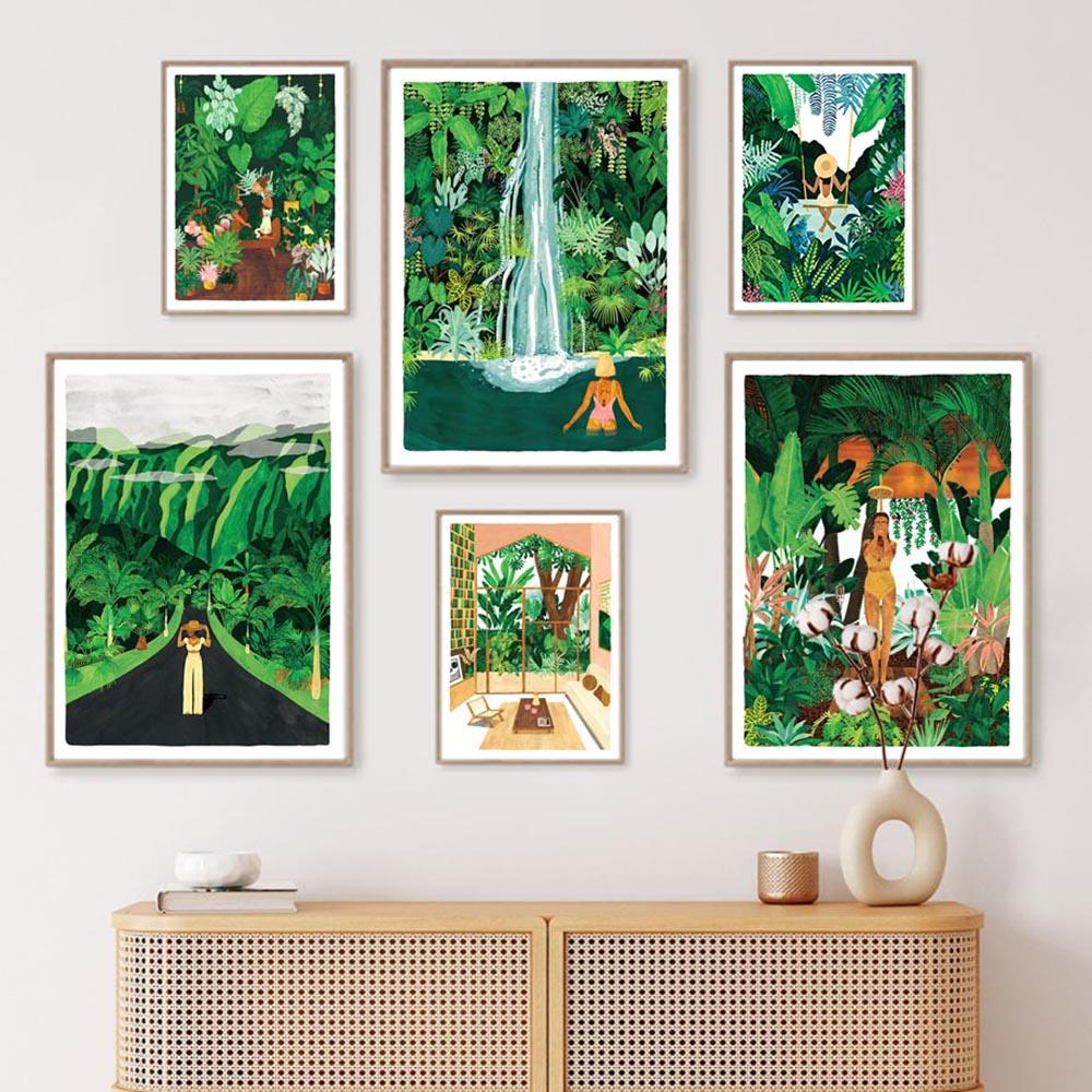 Green Botanical Porch Summer Shower Waterfall Wall Art Canvas Painting Nordic Poster And Print Picture For Living Room Bar Decor
