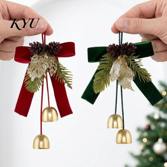 Winter Indoor Door Handle Ornaments Christmas Bow Bell Hanging Ornament, Velvet Festive Wreath Decor for Pendant with Bells Home Party, Holiday Window