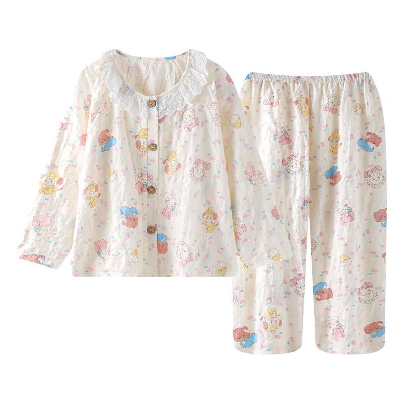 Girls Long Sleeve Pajama Set Cotton Cloud Fabric Loose Fit Cartoon Print Home Wear Ages 8
