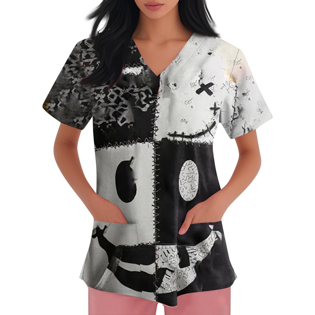 Women's Fashion Short Sleeve Halloween Print V-Neck Pocket Workwear Tops