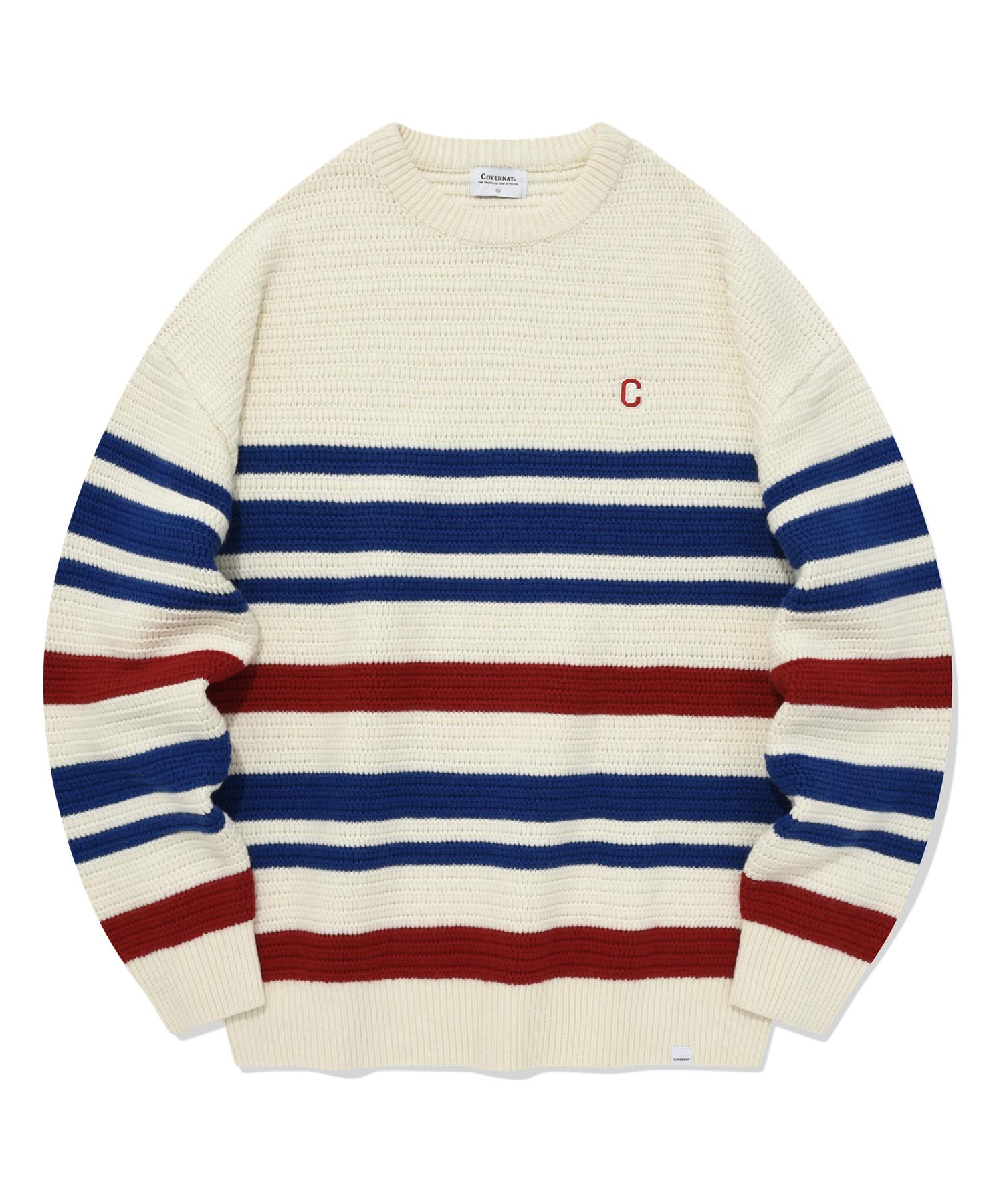 Covernat Two-Tone Striped Crew Neck Knit Ivory Ivory/Xl