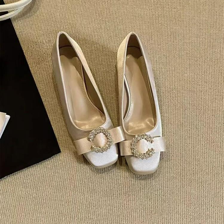 French gentle with skirt thick heel light mouth single shoes women's spring bow satin square head bridesmaid shoes high heels