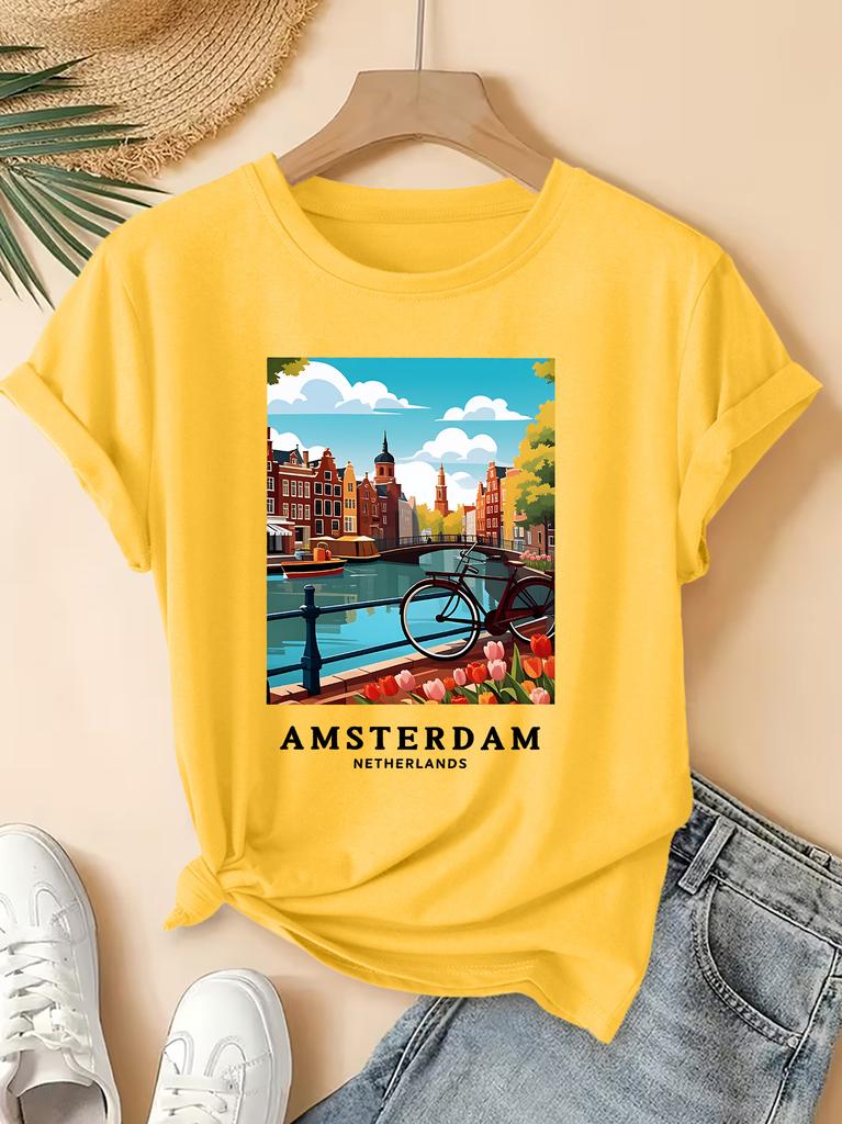 Amsterdam Landscape Printed Pattern Round Neck Tshirt Fresh Top Summer Elegant Party Fashion Versatile Commuter Womens Wear
