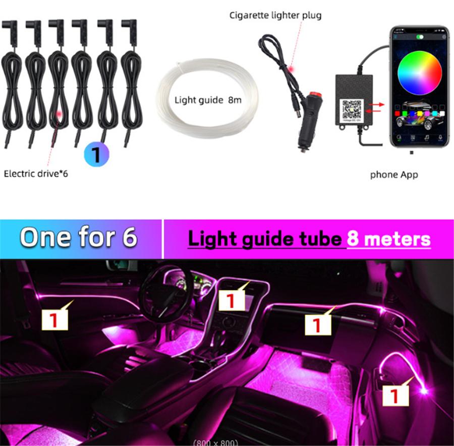 

6 in 1 RGB LED Atmosphere Car Light Interior Ambient Light Fiber Optic Strips