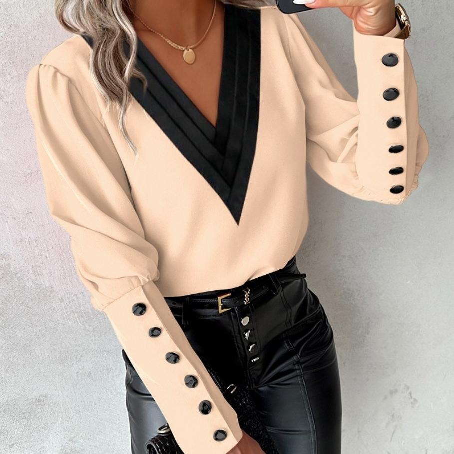 GMXIA Women's Fashion Casual Summer Solid Color Print Long Sleeve Button V-Neck Loose Blouses & Shirts