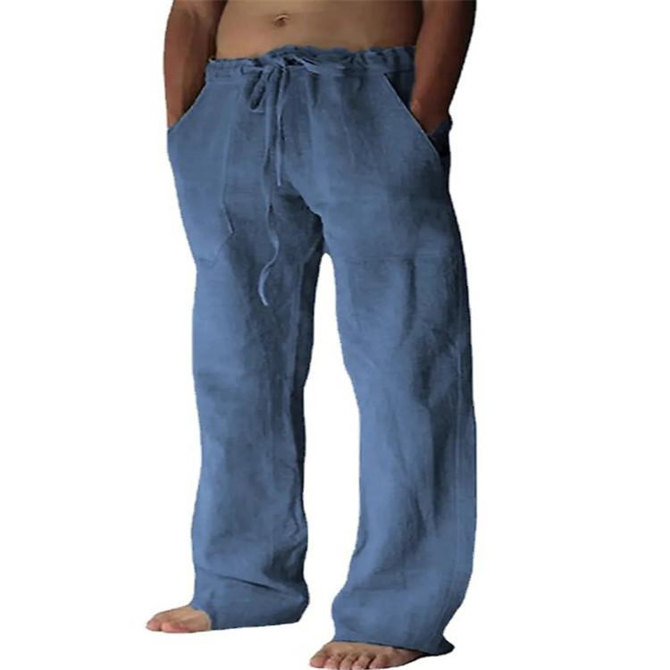 

Мужские повседневные брюки, новые однотонные спортивные брюки из хлопка и льна, свободные повседневные брюки с завязками и несколькими карманами XL синий