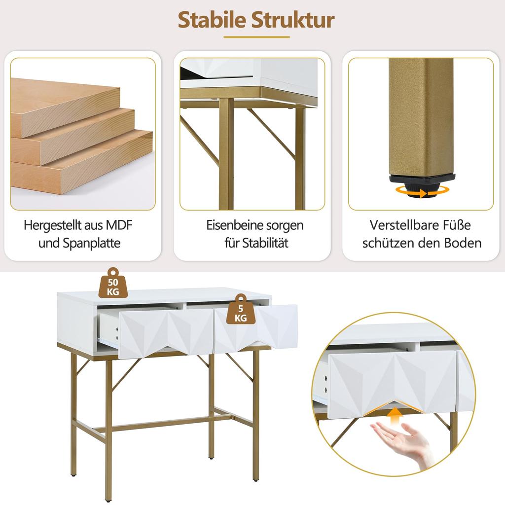 Console Table, Hallway Table with 2 Drawers, Side Table Wood, Sofa Table with Stable Metal Frame