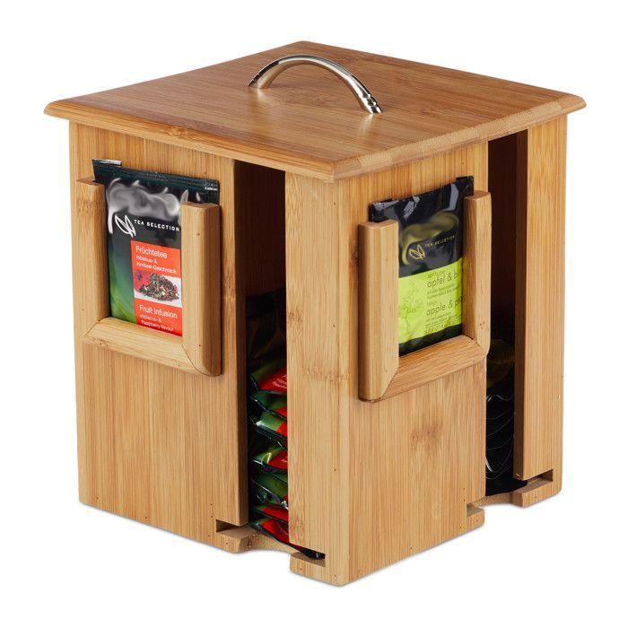 Relaxdays Boite À Thé Bambou 4 Compartiments Distributeur Présentoir Rotatif 160 Sachets HxlxP 20,5 X 18 X 18 Cm, Nature