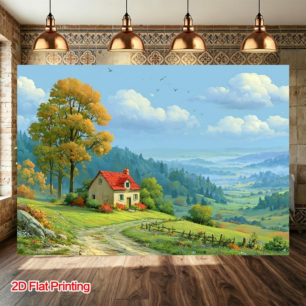 2D flat design 1-piece set autumn countryside cottage background suitable for home studio decoration and balcony arrangement