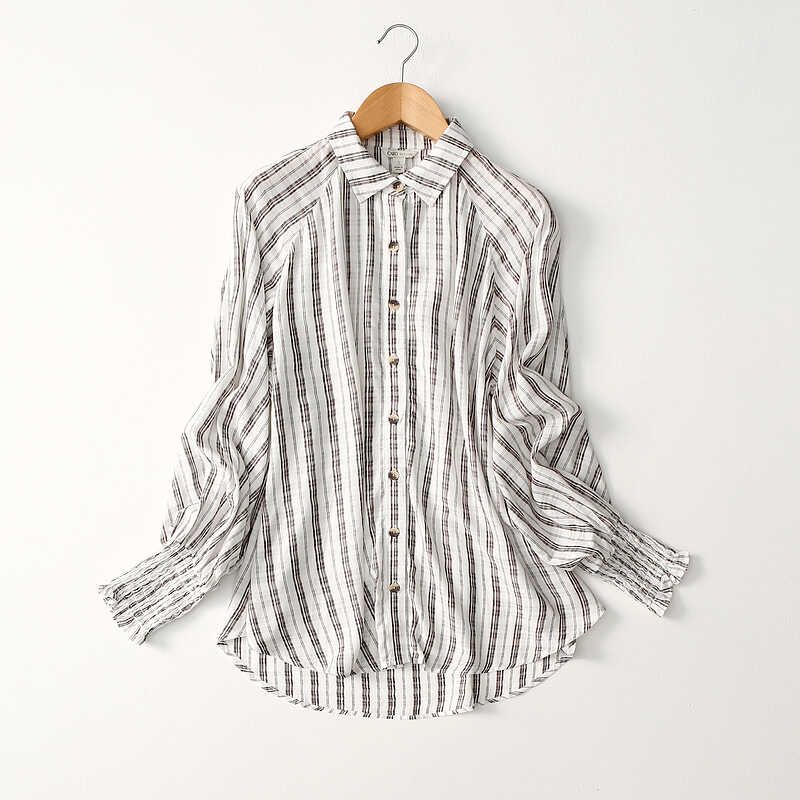 Export Export Loose and Simple Vertical Striped Cotton Silk Shirt Long Sleeves Batwing Artificial Cotton Shirt Plus Size Women's Clothing