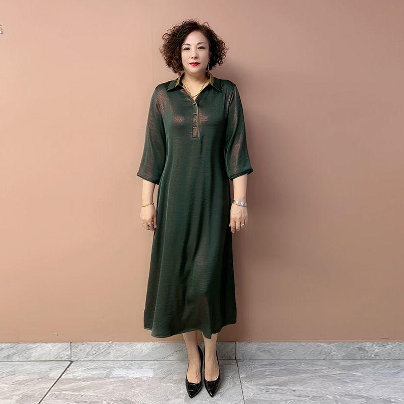 Women’s Silk Dress Summer Lapel Plus-size Dress Solid Color Soft Skin-friendly Breathable Silk Long Dress