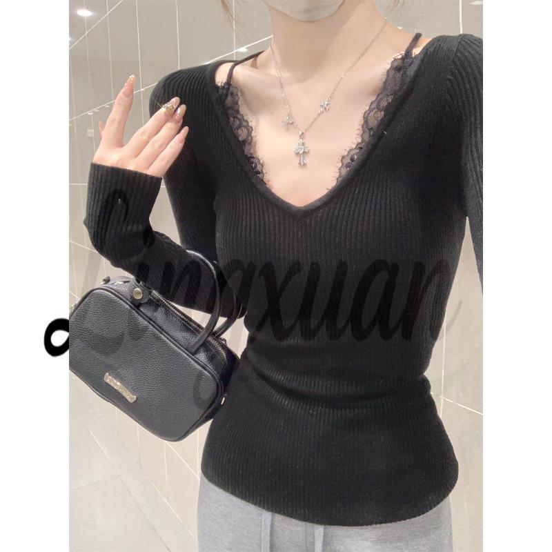 

Spring Korean Style V-Neck Lace Splicing Halter Slimming Wool Knitwear Top One Size чорний