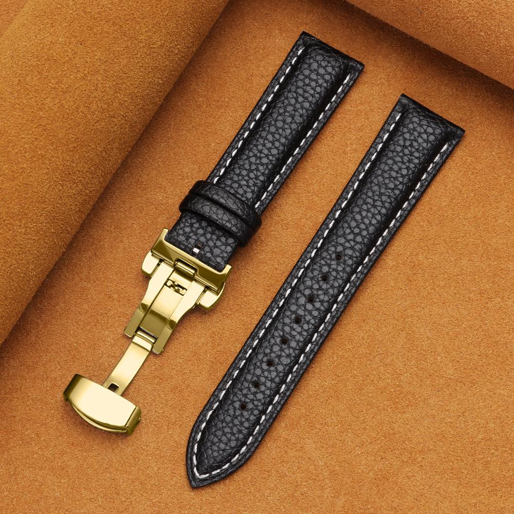 12/14/16/18/19/20/22mm Kalvskinnsklockarmband Litchimönstrad Rem Äkta Läder Armbandsurrem Fjärilsspänne Klocktillbehör