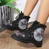 Ladies Fashion Leather Floral Print Lace Up Chunky Heel Short Boots Hiking Boots for Women Support