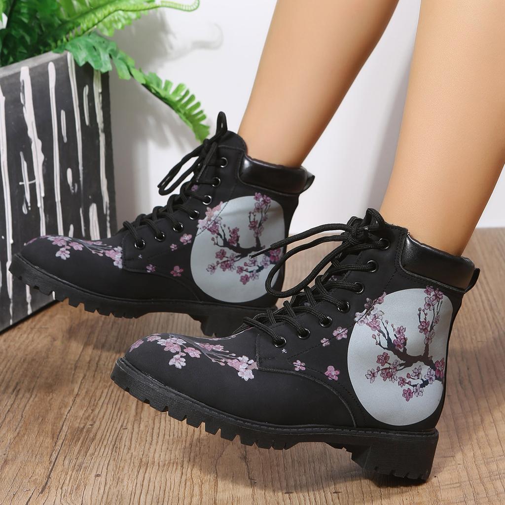Ladies Fashion Leather Floral Print Lace Up Chunky Heel Short Boots Hiking Boots for Women Support