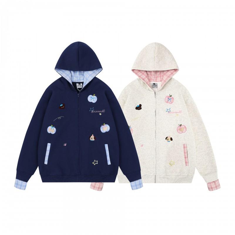 American Vintage Plaid Dog Embroidered Hooded Zip Cardigan Sweatshirt Men Women Casual Couple Outerwear