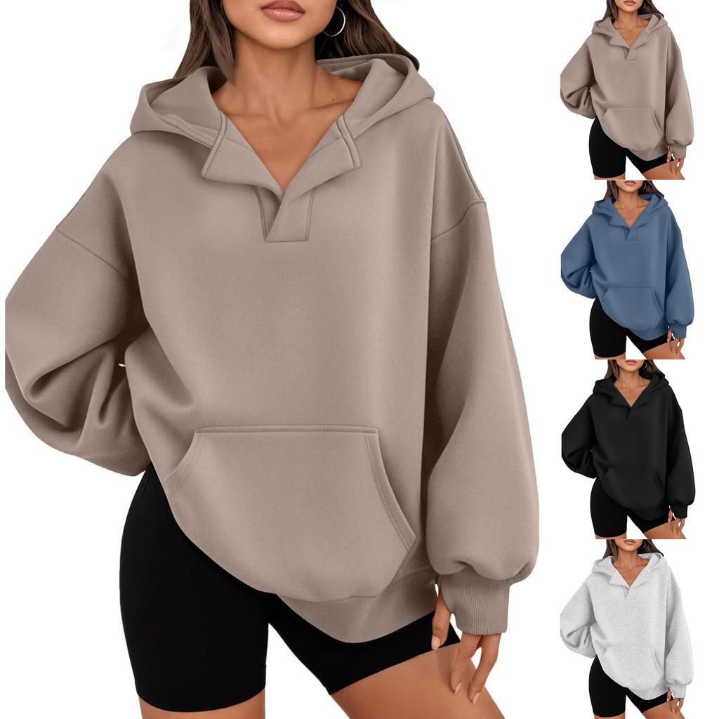 Women's Fashion Casual Solid Color Pocket Long Sleeve Hoodie