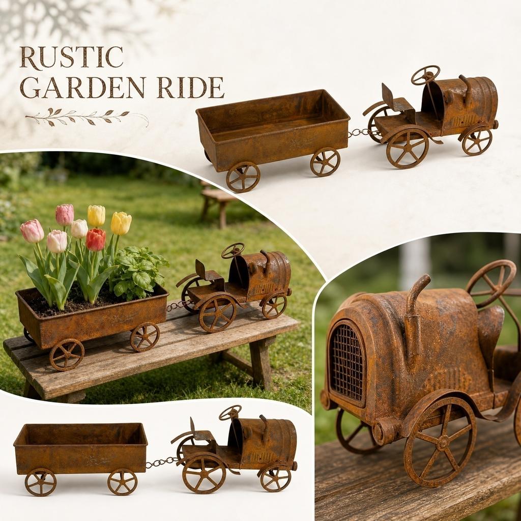 Rustic Tractor Planter Garden Decoration Outdoor Metal Flower Pot with Wagon Trailer for Patio Lawn Yard Display