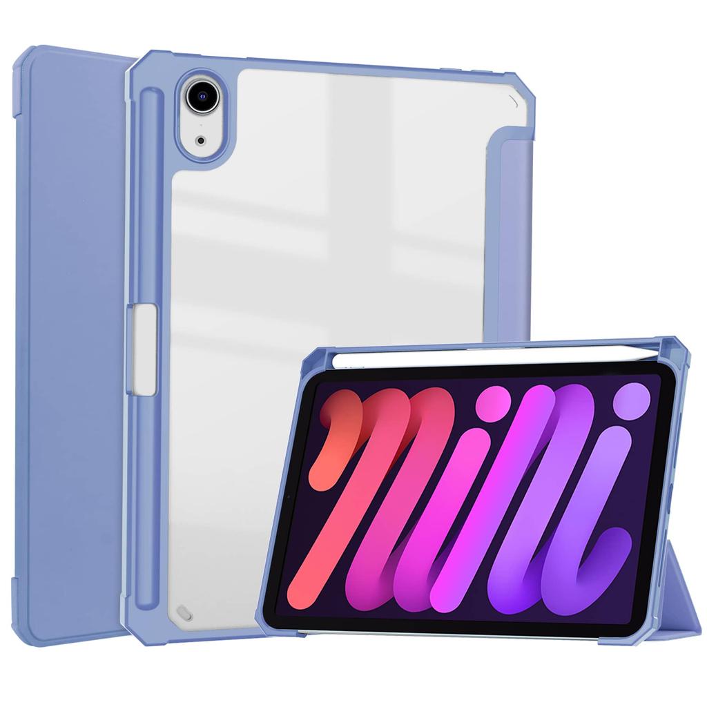 For iPad Mini 7 6 8.3'' with Pencil Holder-[Tri-fold Stand + Auto Wake/Sleep], High-grade Acrylic Case Transparent Back Cover