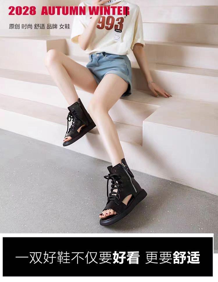 High-top Fish Mouth Sandals Women's Flat-bottomed Breathable Retro Beach Shoes 2025 Summer New Hollow Straps Roman Boots