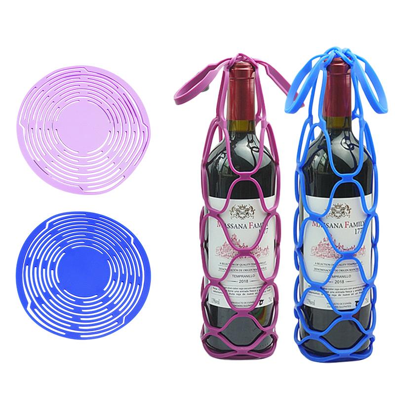 Washable Silicone Wine Bottle Storage Bag Reusable Water Bottle Tote Bags Cup Mat Wine Bottle Mesh Basket For Picnic Organizer