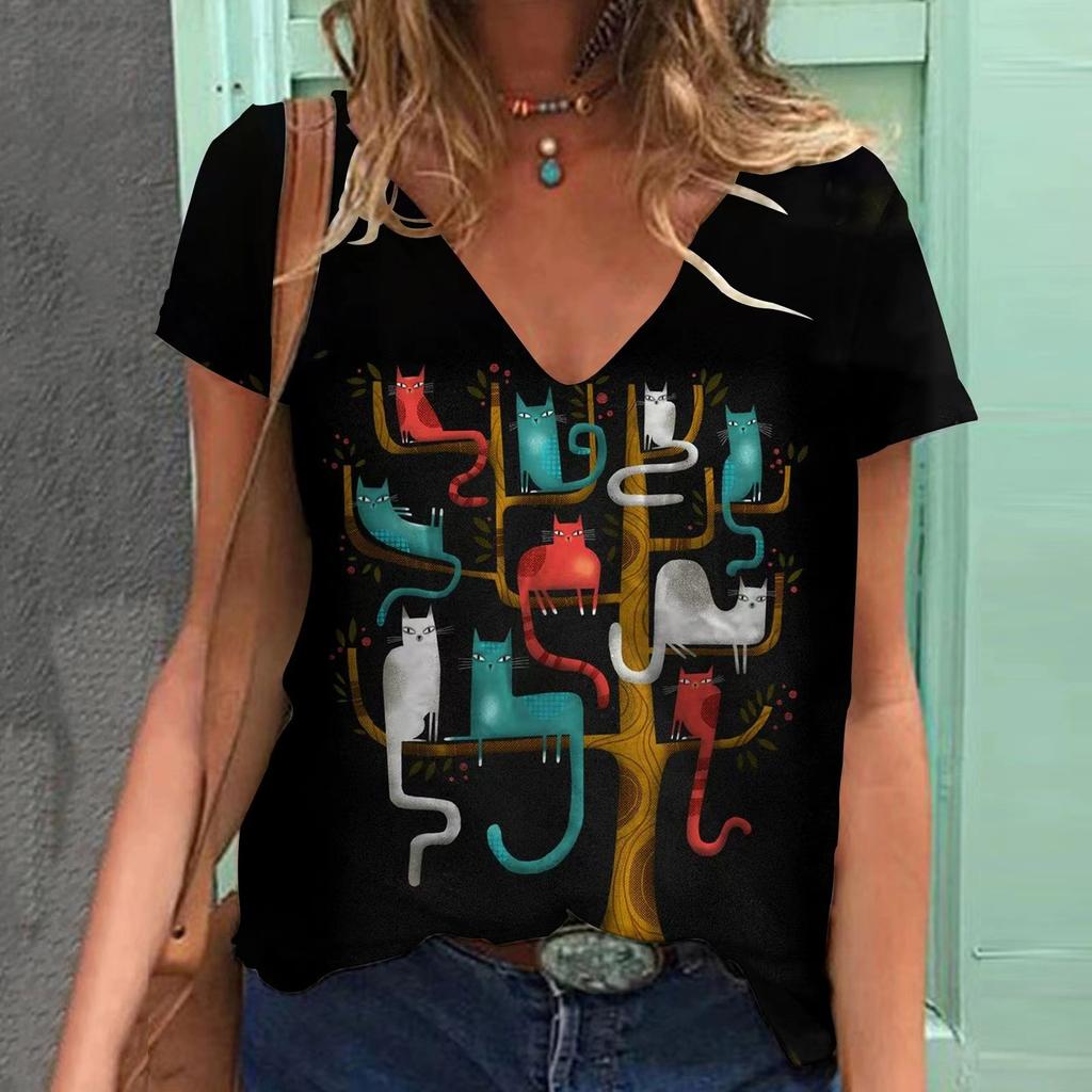 Summer Cat 3D Printed V-neck Short Sleeved  Women's T-shirts
