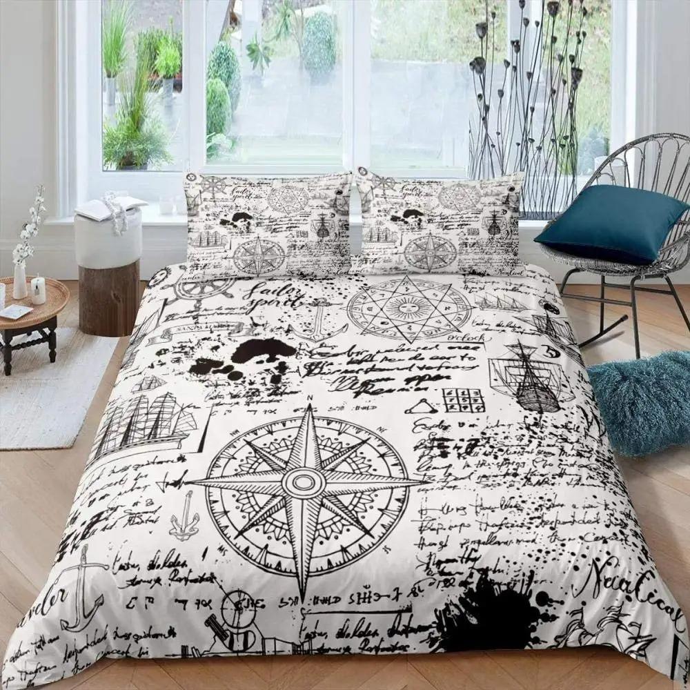Compass Telescope Duvet Cover Set Navigation Theme Polyester Comforter CoverTwin Size For Kids Boys Girls Bedding Set