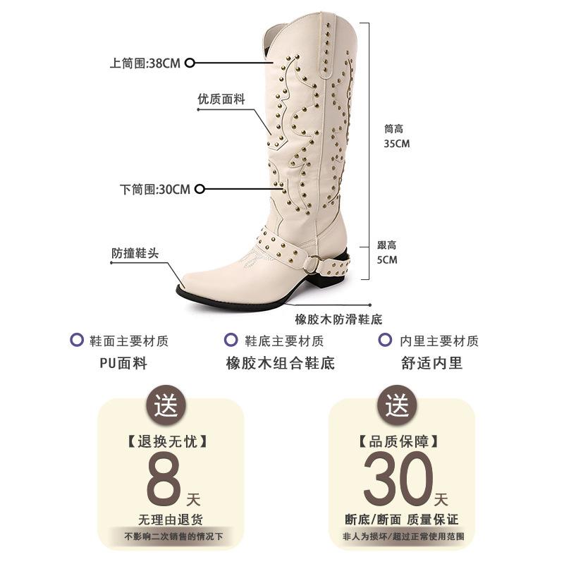 Retro niche belt buckle rivet western cowboy boots women's 2025 summer new pointed thick heel versatile locomotive boots