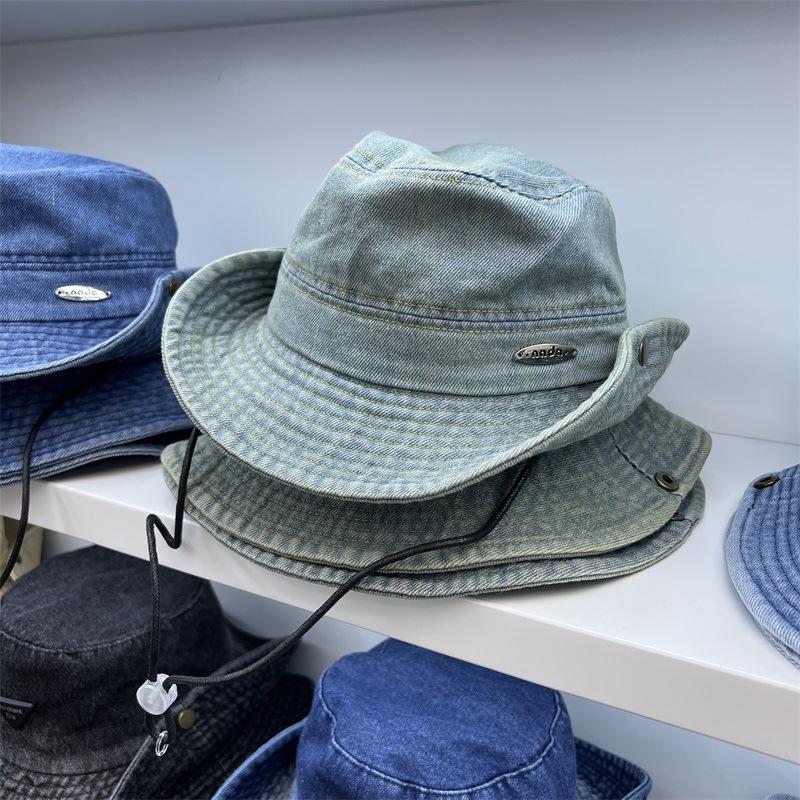 

Джинсовая панама женская для улицы, для кемпинга, горная шляпа, универсальная, модная, с металлической этикеткой, ретро, с выстиранным козырьком, мужская M（56-58cm）