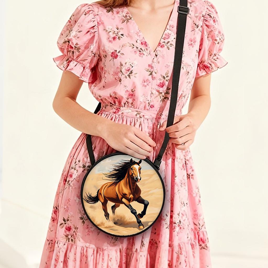 Horse Print Round Shoulder Bag Casual Messenger Bag for Woman Best Gifts 2D Flat Casual Daily Crossbody Bag